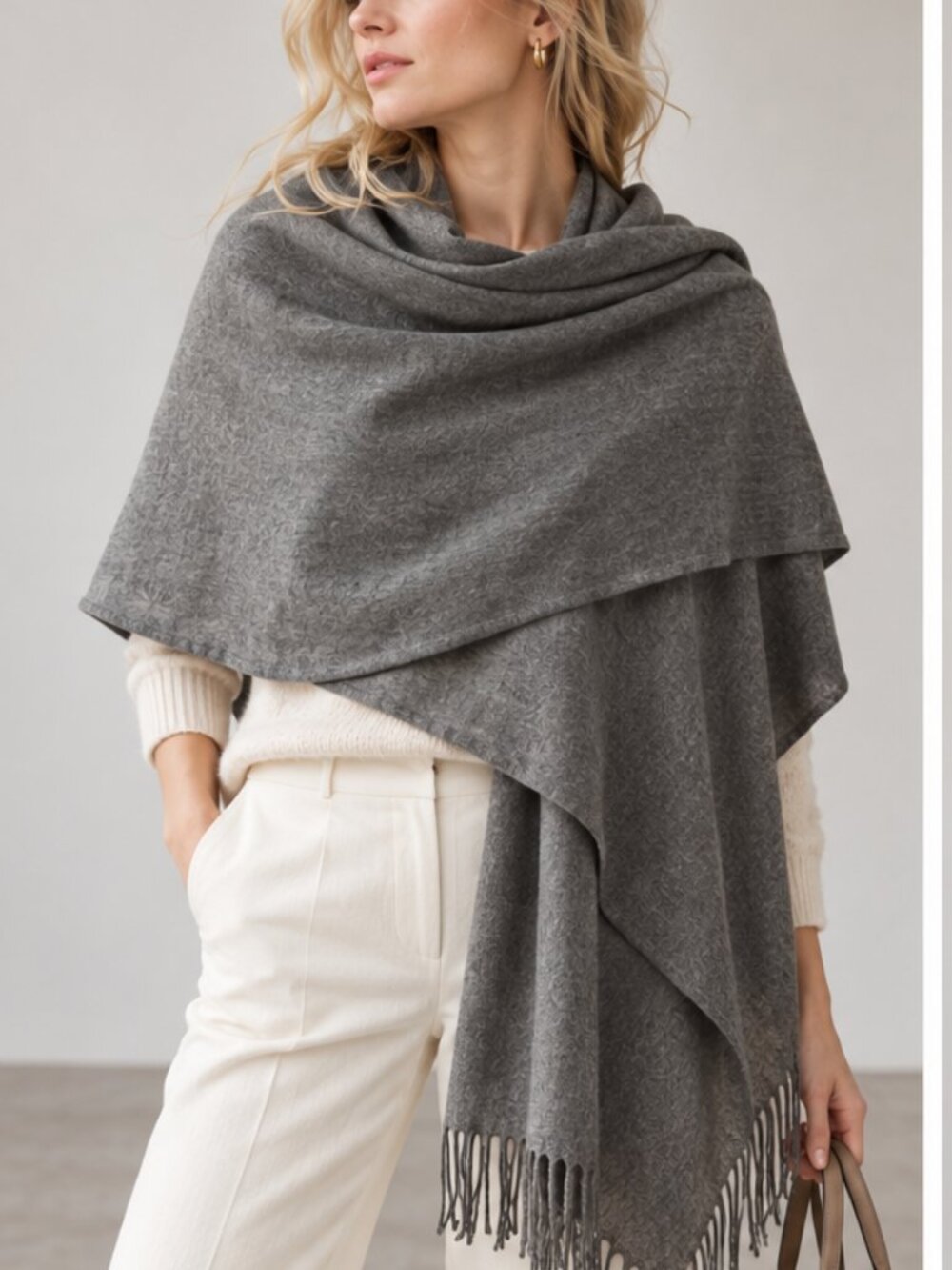 Nordstrom Women's Oversized Wool Cashmere Wrap | Gray Fringe Scarf,82”x 29”